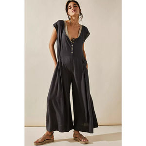FREE PEOPLE Women's Grey Peppery Wide-Leg Jet Set Life Jumpsuit Size Large